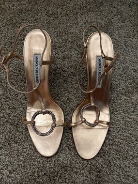 Manolo Blahnik Rose Gold Crystal Circle Slingback Sandals